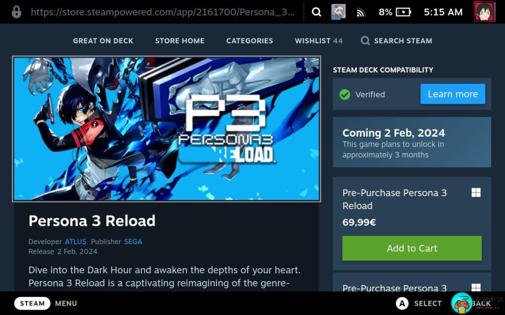《女神异闻录3R》通过Steam Deck验证